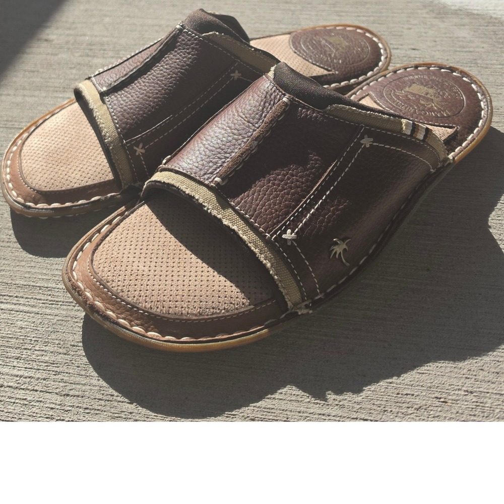Margaritaville Mens Brown Pebbled Leather Slide Sandals Soles of the Tropics